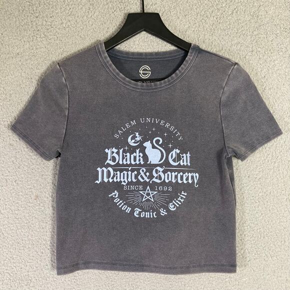 Girls Juniors XL Black Cropped Halloween Graphic Tee Spooky Magic T-Shirt Top - Picture 3 of 6